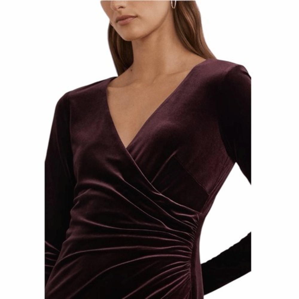 NEW Ralph Lauren Women's 14 Stretch Velvet Surplice Dress in Royal Claret Velvet - Picture 3 of 8